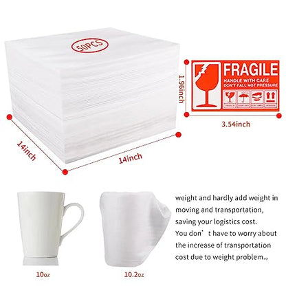 Moving Supplies, 14"x14" 50 Pack Cushion Foam Pouches, Packing Supplies for Moving and Storing, Foam pouches for Packing Dishes, Glasses, Cups.