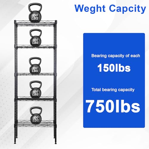 FDW | 5-Tier Wire Shelf | 17" x 12" x 48" | Black - color: Black, size: 5-Shelf Small No Wheels