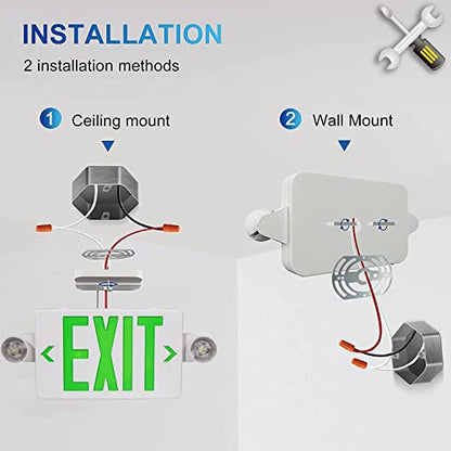 Green LED Exit Sign Emergency Lights with 2 Adjustable Head Lights, Green Letter Emergency Exit Lighting with Battery Backup, US Standard Double Sided ABS Fire Resistant UL 924 AC 120/277V (4-Pack) - color: 4-Pack