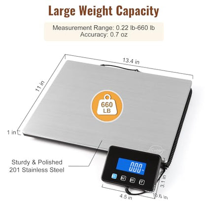 Miseyo 660lbs Digital Shipping Scale - 0.7oz High Accurate Stainless Steel Postal Scale for Packages, Luggage, Small Business, Warehouse, Battery & Charging Cable Included