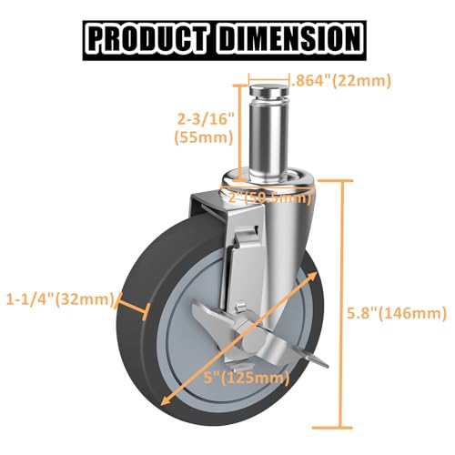 RILIDRI 5-Inch Caster for Wire Shelving Racks, Heavy Duty Scaffolding Wheel with Brake, Set of 4 Metro Shelving Replacement Wheels(.864" x 2-3/16") - size: 5 Inch