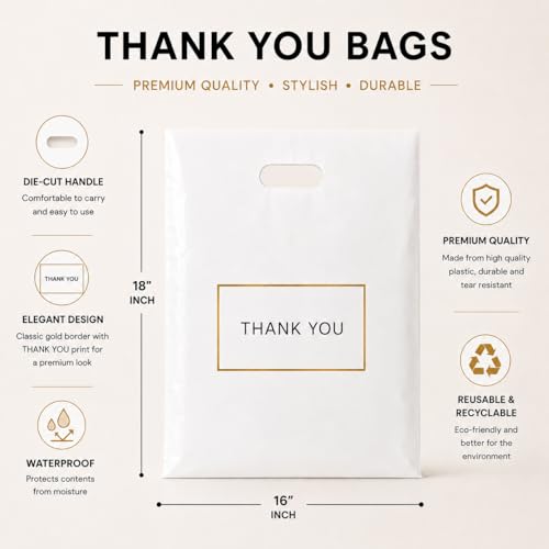 Purple Q Crafts White Plastic Shopping Bags with Handles, Thank You Boutique Retail Bags, Large 16" x 18", 100 Pack for Merchandise, Gifts, Small Business & Trade Shows