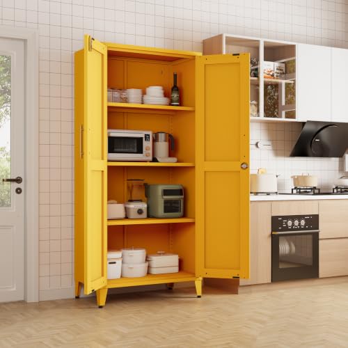 61" Tall Yellow Lockable Metal Storage Cabinet, Farmhouse Pantry Cabinet with 2 Square-Pattern Doors & 3 Adjustable Shelves, Freestanding Cupboard with Legs for Home, Office, Laundry, Entryway - color: Mustard, style: Cabinet-61"H-DL