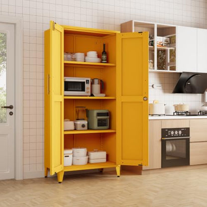 61" Tall Yellow Lockable Metal Storage Cabinet, Farmhouse Pantry Cabinet with 2 Square-Pattern Doors & 3 Adjustable Shelves, Freestanding Cupboard with Legs for Home, Office, Laundry, Entryway - color: Mustard, style: Cabinet-61"H-DL