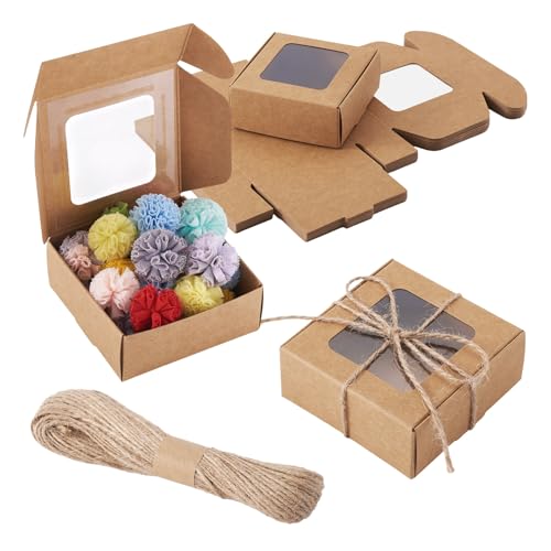 Craftdady 20pcs Small Square Brown Gift Boxes Party Favors Crafts Box with Jute String Folding Packing Boxes with Visible Window for Birthday Christmas Weddings 2.7"x2.58"x1.18" - color: Brown 2.7"x2.58"x1.18"
