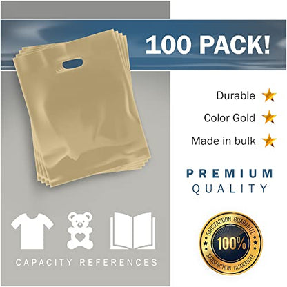 12x18 Gold Plastic Bags, Medium, Glossy Finish, 2 Mil Thick, 100 Pack