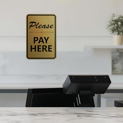 Portrait Round Please Pay Here Sign with Adhesive Tape, Mounts On Any Flat Surface (Brushed Silver) - Small - color: Brushed Silver, size: 4 x 6" - Small (1 Pack)