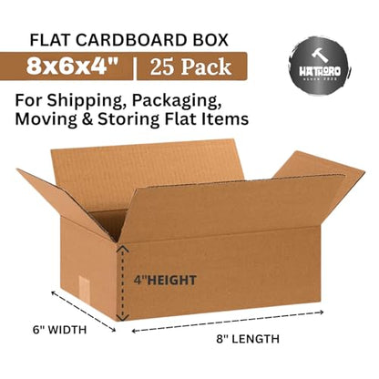8x6x4 Inches (25-Pack) Small Flat Shipping Boxes | Corrugated Cardboard Single-Wall Kraft Boxes for Moving, Packing and Storage of Smaller & Flat Items - size: 8x6x4