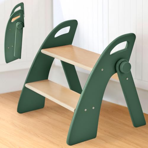 Step Stool for Toddlers, Foldable Wooden 2 Step Stool, Toddler Step Stool for Bathroom Sink & Potty Training, Kitchen Helper with Handles and Non-Slip Pads(Dark Green) - color: Dark Green
