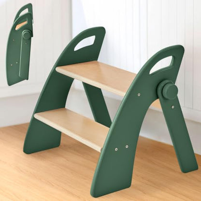 Step Stool for Toddlers, Foldable Wooden 2 Step Stool, Toddler Step Stool for Bathroom Sink & Potty Training, Kitchen Helper with Handles and Non-Slip Pads(Dark Green) - color: Dark Green
