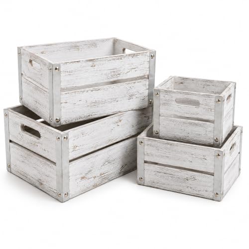 Oojami 4 Pack Distressed White Wood Crates Rustic Nesting Storage Boxes - color: Distressed White