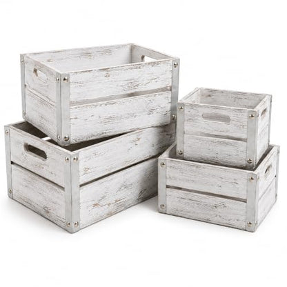 Oojami 4 Pack Distressed White Wood Crates Rustic Nesting Storage Boxes - color: Distressed White