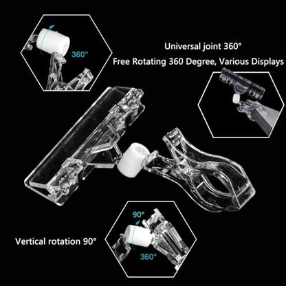 ZOOFOX 50 Pack Plastic Sign Holder Clip, Clear Rotatable Pop Clip-on Holder Stand, Double Retail Clips Holder for Price Tag Label Sign Display