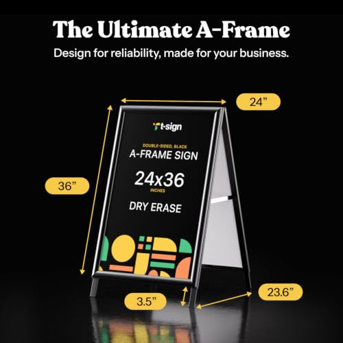 T-SIGN Sidewalk Sign for Indoor & Outdoor Sign - Open Aluminum A Frame Sign Poster Board 24x36 Inches, White Dry Erase Surface - Heavy Duty Double Sided Sandwich Board, Street Advertising Sign Board - color: Black - Premium Dry Erase Surface