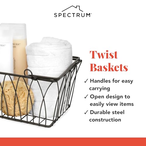 Spectrum Small Wire Basket with Handles Black Farmhouse Basket Organizer for Kitchen Bathroom Laundry Pantry Shelf Organization, Sturdy Twist Wire Metal Basket with Handle for Gifts or Storage - size: Small