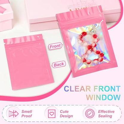 ANZNKU 100PCS Holographic Pink Mylar Bags, Resealable Smell Proof 4.7x7.9 - color: Pink, size: 4.7 x 7.9 Inch