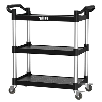 TUFFIOM 3-Tier Plastic Service Utility Cart with Wheels, Heavy Duty 390lbs Capacity, Commercial Rolling Ideal for Restaurant, Foodservice, Office, Warehouse, Black 24.6''L x 15.8''W x 37.4''H - size: Black 24.6''L x 15.8''W x 37.4''H