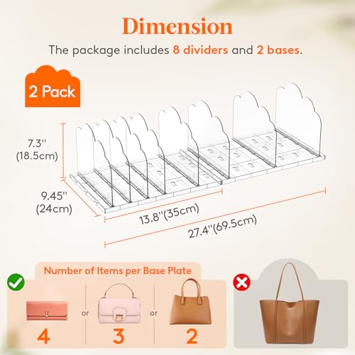 Lifewit Purse Organizer for Closet, Adjustable Clear Handbag Shelf Dividers - size: 7.3"H