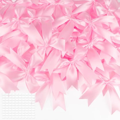 Pink Bows 100 Pcs 3.5 Inch Pre-Tied Satin Ribbon Bows with Adhesive Dots - color: Pink, size: 100 PCS