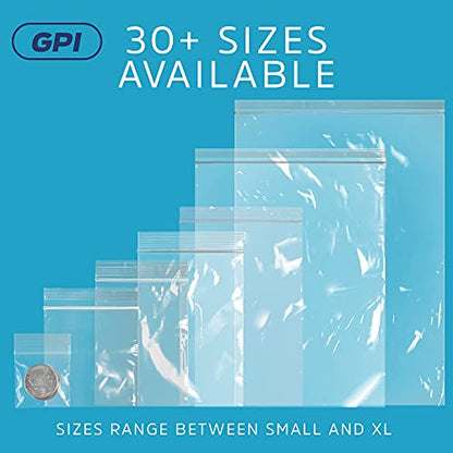 GPI - 12" x 15" Zip Bags, 100 Count, Clear Plastic Reclosable Zipper Poly Baggies, with Resealable Zip Top Lock. for Freezer, Apparel, Clothing, Food, Home & Office Supplies. - size: 12" x 15"