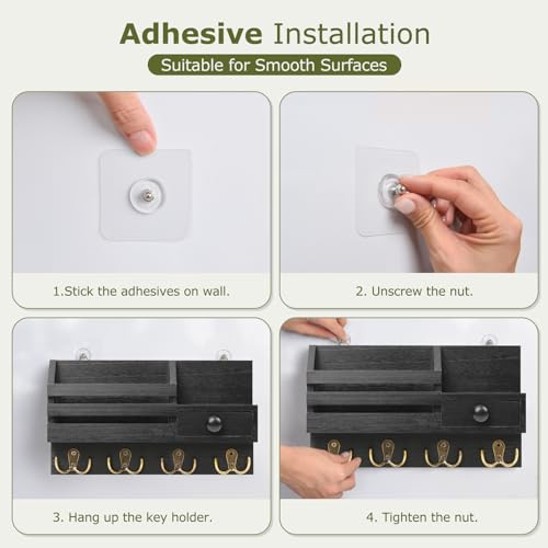 Key Holder Wall Mount, Wooden Key and Mail Organizer, Black - color: Black