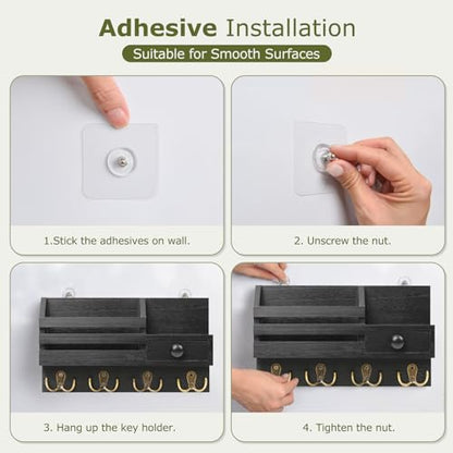 Key Holder Wall Mount, Wooden Key and Mail Organizer, Black - color: Black