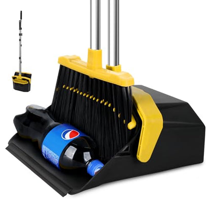Broom and Dustpan Set for Home, 51" Long Handle Standing Pan Black Yellow - color: Yellow and Black