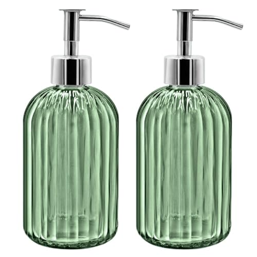 2 Pack Glass Soap Dispenser Bottle with Pump, 14 Oz Refillable Liquid Hand Jar Dispenser for Bathroom, Countertop, Kitchen, Laundry Room (Light Green) - color: Light Green