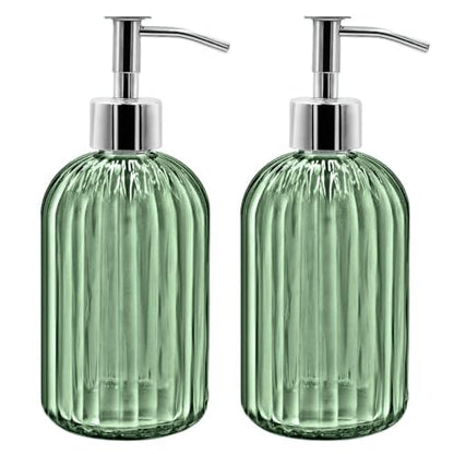 2 Pack Glass Soap Dispenser Bottle with Pump, 14 Oz Refillable Liquid Hand Jar Dispenser for Bathroom, Countertop, Kitchen, Laundry Room (Light Green) - color: Light Green