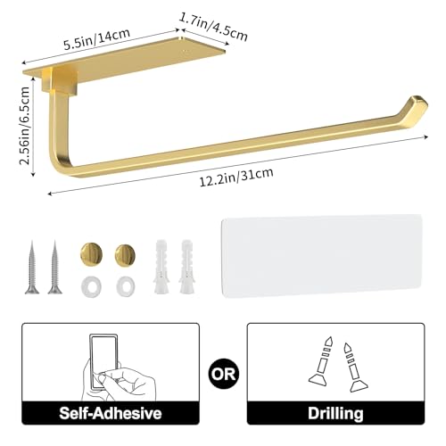 Paper Towel Holder Under Cabinet, Self-Adhesive or Drilling, Gold - color: Gold