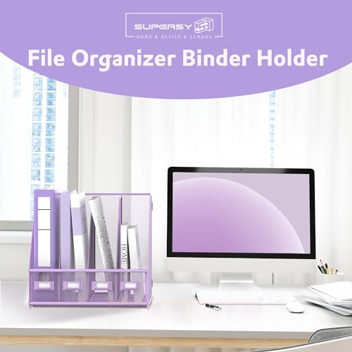 SUPEASY Magazine File Holder Desk Organizer, Metal Binder Holder with 4 Vertical Compartments for Office Home School, Purple - color: Purple