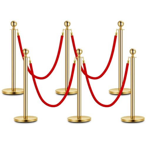 Red Carpet Ropes and Poles 6 Gold Stanchion Posts + 4 Red Velvet Ropes - size: 6 Post I 4 Rope