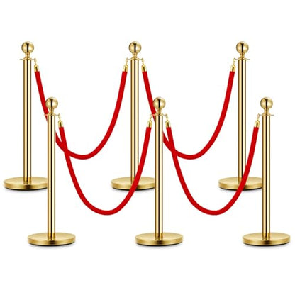 Red Carpet Ropes and Poles 6 Gold Stanchion Posts + 4 Red Velvet Ropes - size: 6 Post I 4 Rope