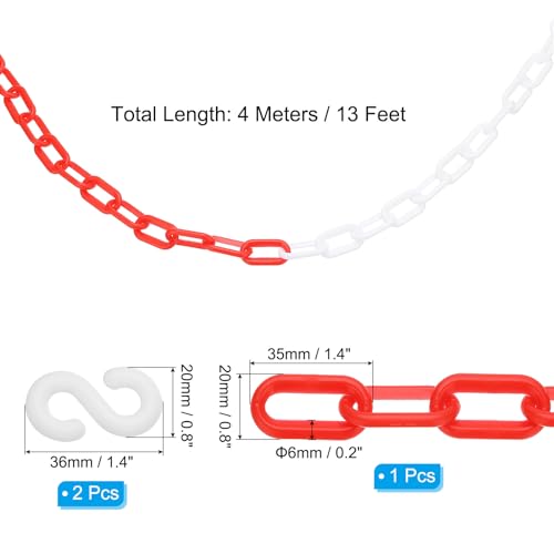 PATIKIL 13Ft Plastic Chain Barrier, Safety Link Chain with 2 S-Hooks for Crowd Control at Driveway Elevator Parking Lot, Red White - color: Red White