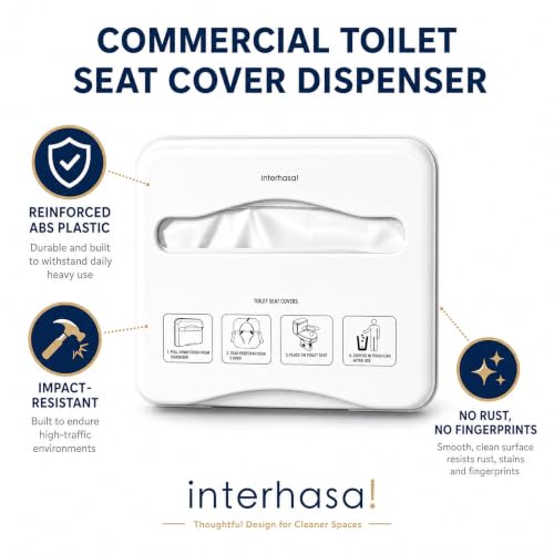 Commercial Toilet Seat Cover Dispenser Wall Mounted No Drilling Toilet Tissue Cover Holder with Key Lock & Keyless Access, High Impact ABS Plastic for Public Restrooms (White)