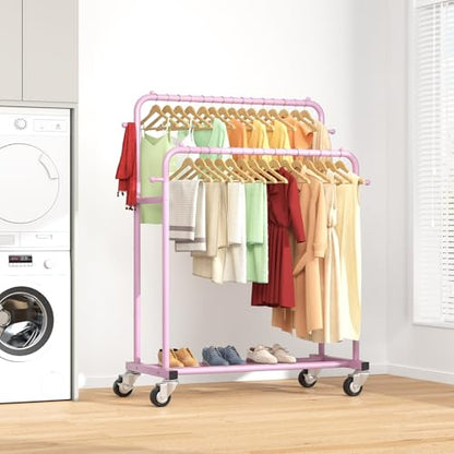 Laiensia Double Rods Garment Rack with Wheels, Clothing Rack for Hanging Clothes,4 Hooks, Multi-Functional Bedroom Clothes Rack, Pink - color: pink