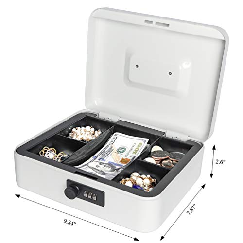 Jssmst Cash Box with Combination Lock - Durable Metal Cash Box with Money Tray, Large, White - color: White, size: Large