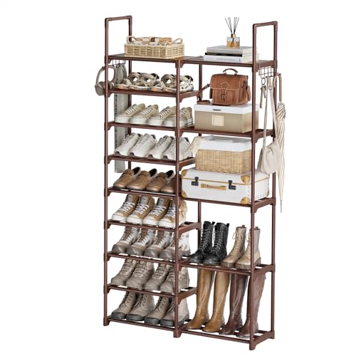 WOWLIVE 9 Tier 2-Column Shoe Rack, 30-35 Pairs Stackable Brown - color: Brown, size: 2 Row 9 Tier