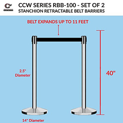 CCW Retractable Belt Barrier Stanchions, 2-Pack, 7.5 Ft, RBB-100 - color: Black with Horizontal Red Stripe, size: 7.5 Foot