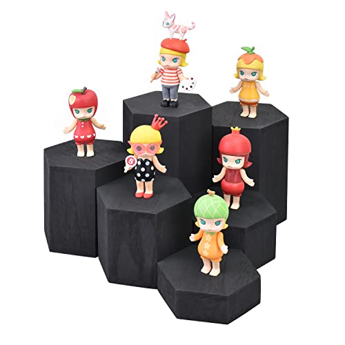 MOOCA 6-Piece Wood Hexagon Jewelry Display Stand Risers for Accessories - color: Black, 6 Pieces