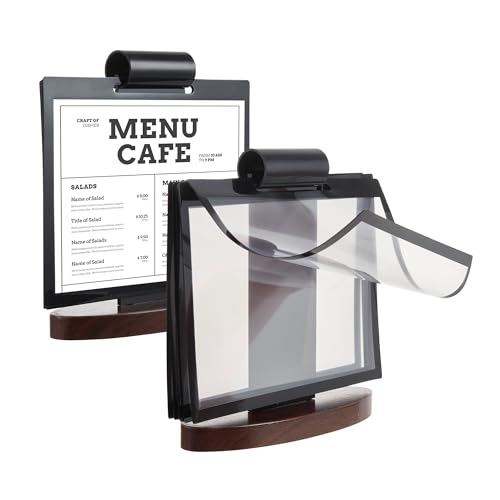 Garvee Show 15 Stand Tabletop Easel, 2 Pack A5 Horizontal Acrylic Flip Menu Sign Holder with Walnut Wood Base, Desktop Display Organizer for Restaurant Cafe Shop Office Menu Poster