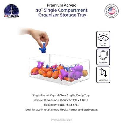 Acrylic Retail Tray Single Compartment 10" Wide x 6.5" Deep Clear Countertop Product Storage Merchandise Organizer for Businesses and Homes by Marketing Holders - size: 10.3" x 6.8" x 3.8"