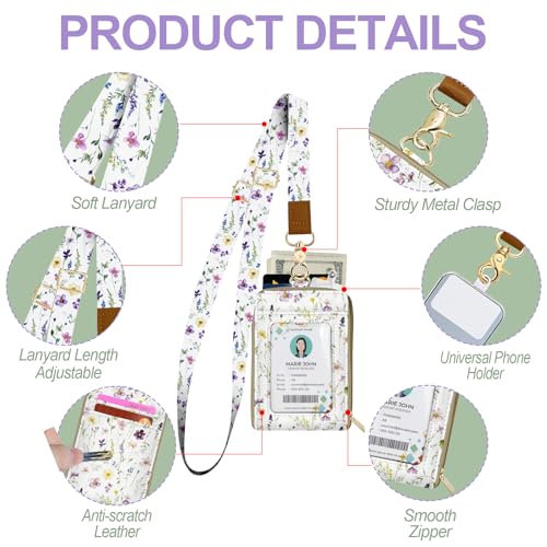 Floral ID Badge Holder & Lanyard Wallet, Cute RFID Women ID Badge Wallet for Women, Credit Card Holders with Zipper Pocket Keychain Phone Lanyard Wrist Strap for Teacher Nurse Gifts - color: White Flowers Leaves