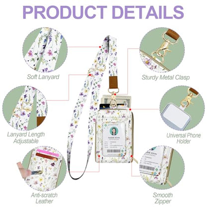 Floral ID Badge Holder & Lanyard Wallet, Cute RFID Women ID Badge Wallet for Women, Credit Card Holders with Zipper Pocket Keychain Phone Lanyard Wrist Strap for Teacher Nurse Gifts - color: White Flowers Leaves