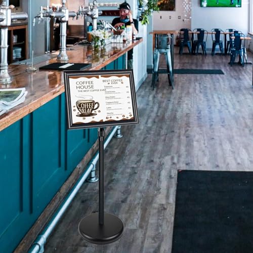 SZCY LLC Adjustable Sign Holder Stand 8.5x11 inch, Floor Standing Sign Holder, 360° Rotation, Signage Stand with Snap-Open Frame Display, Outdoor Indoor Standing Display Sign Holders for advertising