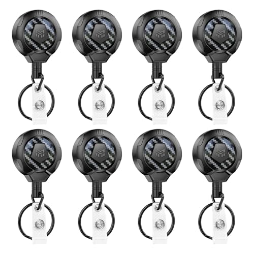 MNGARISTA Upgraded Heavy Duty Retractable Keychain with Belt Clip, 10 OZ Retraction, 31.5" Stainless Steel Cord Key Chain, 3K Carbon Fiber ID Badge Reel Holder with Badge Strap and Key Ring, 8 Pack - color: Black Keychain 8 Pcs