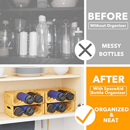 SpaceAid Bamboo Water Bottle Organizer with Labels, Kitchen Pantry Water Bottle Storage Rack for Cabinets, Home Cup and Wine Bottle Holder Shelf Organizers, 4 Pack 3-Slot, Hold 12 Bottles - size: 12 Bottles, Natural