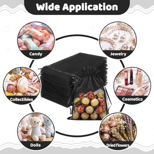 FUNFERY 100Pcs Black Organza Bags 5x7 in,Small Mesh Drawstring Gift Bag - color: Classic Black