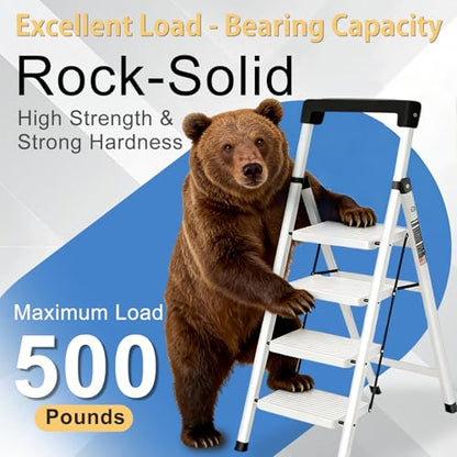 4 Step Ladder with Handrail Folding Step Stool with Tool Tray - color: White-tool, size: 4 step