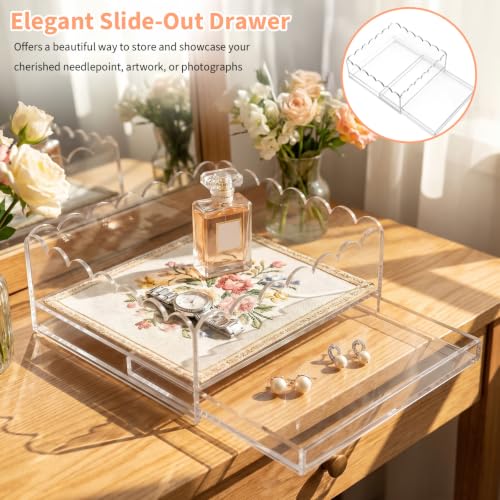 2 Pack Scalloped Acrylic Tray with Insert, 6 x 6 x 2.5 Inch Acrylic Trays for Needlepoint, Acrylic Trays for Embroidery Display, Clear Decorative Tray with Drawer for Photos, Art, Fabric, Messages